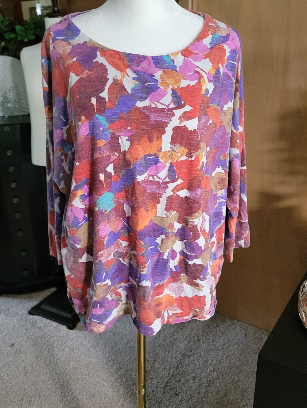 Coldwater Creek Women’s Multicolor Floral-Brushstroke Scoop Neck Top, 3/4 Sleeve